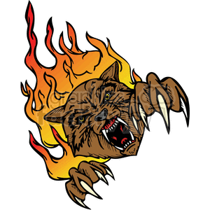 The clipart image features a stylized depiction of a fierce wildcat or lynx with an aggressive expression and bared fangs. It has prominent claws extended as if swiping through the air. The animal is enveloped in stylized flames, giving it a dynamic and fiery appearance. The design appears suitable for vinyl cutting for signage or as a tattoo graphic due to its bold lines and simplified color scheme.
