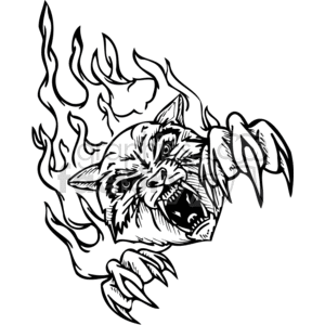 The clipart image displays a stylized depiction of a wildcat, potentially a lynx or bobcat, with a fierce expression and its claws extended. The wildcat is enveloped by artistic, swirling flames that add an aggressive and fiery motif to the design. This image is black and white, making it suitable for vinyl cutting and use as a tattoo design due to its clear and bold lines.