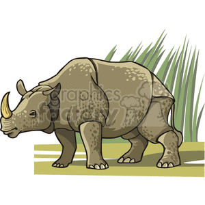 The image is a cartoon of a rhinoceros with a large snout and two horns on its head. The rhino is standing on all four legs. It has long grass in the background