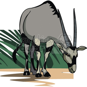 The clipart image depicts a single gazelle standing on sandy ground with some green foliage in the background. The gazelle is illustrated with a realistic style, featuring a grey and white body, black markings on the legs, and long, curved horns.