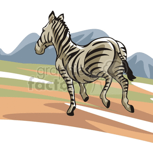 The clipart image depicts a single zebra standing in an open grassland with hills or mountain outlines in the background. The zebra has characteristic black and white stripes and is portrayed in a stylized, yet somewhat realistic manner suitable for educational materials or decorative purposes.