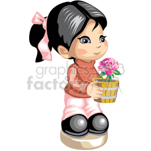 Black haired little girl holding a pink rose vase