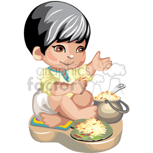 A little boy sitting crosslegged on the floor with a pot of rice