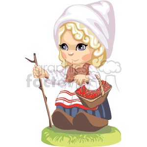A little dutch girl holding a walking stick and a basket of cherries