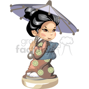 Asian girl in a brown and gold kimono holding a gray umbrella