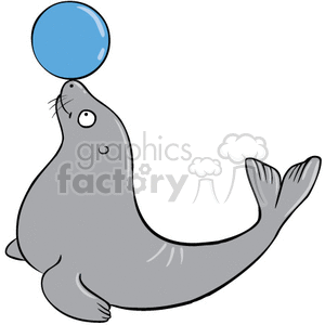 The image shows a cute cartoon seal balancing a blue ball on its nose. The seal appears to be engaged in a performance trick often seen in zoos or circuses. 