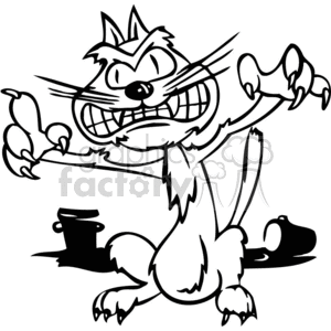 The clipart image shows a stylized cartoon cat with a wild and crazy expression. The cat appears to be standing on its hind legs, with exaggerated features such as large eyes, wide-open mouth showing teeth, wiry whiskers, and dynamic limbs indicating movement or frenzy. There's also a small toppled container nearby, which could imply the cat has been causing mischief.