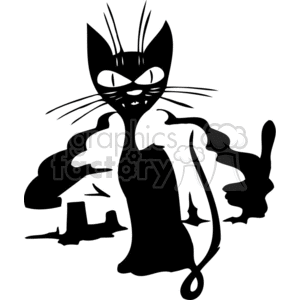 The image is a black and white clipart of a stylized cat with exaggerated features such as large eyes, long whiskers, and a tall, slender body. The cat appears to be depicted with a playful or mischievous expression.