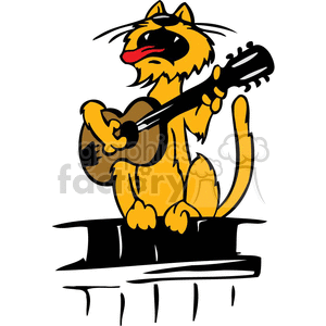 This clipart image features a yellow cat standing on its hind legs, playing a guitar, and singing. The cat has a shaggy appearance, with black detailing indicating fur texture, and it is depicted with its mouth open as if in mid-song. The image is stylized and has a cartoonish quality.