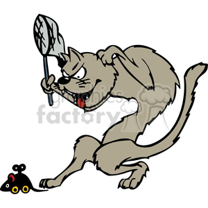 This image depicts a humorous illustration of a cat attempting to catch a mouse. The cat is hunched over with a crazed expression, its tongue hanging out, and it's holding a butterfly net, poised to swoop down on the mouse. The mouse, appearing relatively calm and unbothered, stands in front of the cat, seemingly unaware of its potential peril.