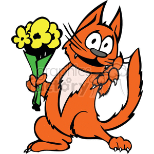 The clipart image shows a cartoon cat with orange fur, sitting and playfully holding a bouquet of yellow flowers with a green wrapper.