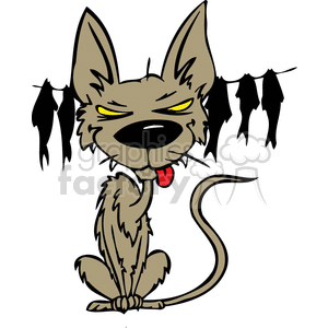 The image depicts a funny cartoon cat with a cheeky expression. The cat is sitting and appears to be wild or maybe a street cat judging by its unkempt fur. It is winking and sticking out its tongue. Above the cat, there are several fish hanging from a line, suggesting the cat may have caught them or is about to attempt to hunt or steal them as food.