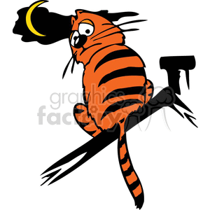 The clipart image depicts a humorous and exaggerated scene featuring a plump orange-striped cat with a shocked expression on its face, clinging to what appears to be a roof. The cat's fur and whiskers are being blown back by a gust of wind, and it's staring at a crescent moon that seems to be blowing the wind from its mouth. The overall image is highly stylized and captures a funny moment that may represent surprise, fear, or exaggeration in a comic sense.
 