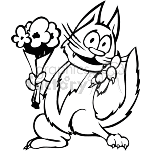 The image shows a cartoon-style line drawing of a cat holding a bouquet of flowers. The cat is depicted with large eyes and a whimsical expression, giving the illustration a humorous and friendly tone. The flowers the cat is holding appear to be a simple cluster of blooms with visible petals and stems. The image is in black and white and would be suitable for vinyl-ready use for various projects like stickers, decals, or print designs.