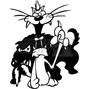The clipart image features a comically exaggerated interaction between a cat and a dog. The cat, with a wide-eyed and startled expression, appears to be standing on the back of a dog and is exaggeratedly holding onto one of the dog's ears. Both the cat and the dog have a cartoonish, stylized design with bold outlines suitable for vinyl cutting or similar artistic applications. The dog looks angry or annoyed, with a menacing gaze and bared teeth.