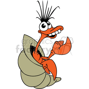 The image shows an orange, cartoon-style hermit crab with exaggerated features for a humorous effect. It has large popping eyes, a wide smile showcasing white teeth, and spiky hair on top. The crab is peeking out of a worn, brown shell, with one claw raised as if in a playful or cheeky gesture.