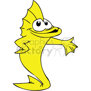 The clipart image shows a stylized yellow fish with a whimsical expression. It has large, cartoonish eyes and a quirky smile, presenting a humorous appearance. The fish appears to be standing upright on its tail fin, with one fin extended as if waving or gesturing.