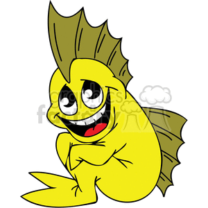 The clipart image displays a cartoonish yellow fish character. It has a big, friendly smile with its tongue sticking out and large, expressive eyes. The fish character has a spiky fin on the top, possibly representing a mohawk hairstyle, and tail fins. Its pose suggests a cheerful and playful attitude.