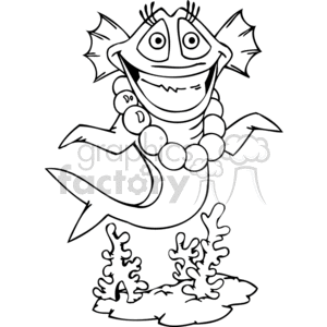 The image is a black and white line art clipart illustrating a happy fish character. The fish has a large smile, exaggerated eyes with prominent eyelashes, and is wearing a chunky bead necklace. It also has pectoral fins and a dorsal fin with a ragged edge, suggesting a playful or quirky character. The fish is standing upright on its tail fin amidst some seaweed or coral at the bottom of the sea.