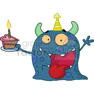 Happy Blue Monster Celebrates Birthday With cake