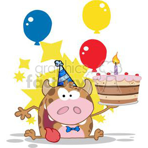 Happy-Calf-Cartoon-Character-Holds-Birthday-Cake-With-Baloons-And-Stars