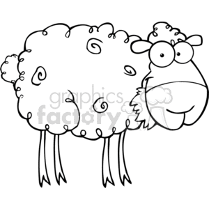 The image is a black and white line art drawing of a comically styled sheep. The sheep has a large, fluffy body with swirl patterns indicating the wool, skinny legs, a cheerful facial expression, which adds to the humorous character of the image.