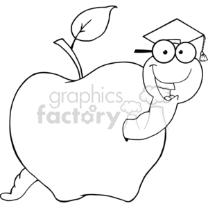 black and white outline of a graduate worm in an apple