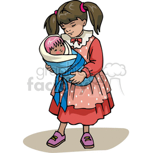 Cartoon girl holding a baby doll
