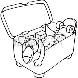 Black and white outline of a toy box full of toys