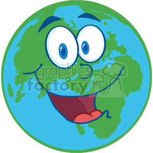 The clipart image features a cartoonish representation of the Earth with anthropomorphic features. The Earth character has large, googly eyes and a wide, open-mouthed smile, giving it a playful and funny appearance. The continents are stylized in green, while the oceans are in blue.
