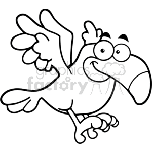 The clipart image depicts a comic style drawing of a bird that appears to be whimsical or funny. The bird is illustrated in mid-flight with exaggerated features such as a large beak and big eyes, which give it a humorous expression. It has large wings and feet, which are also stylized to enhance the comedic effect. The bird itself seems to represent a tropical species due to its overall appearance and the comic context suggests it might be depicted in a light-hearted or amusing scenario.