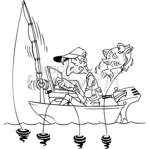 black and white cartoon man fishing in a small boat with laptop