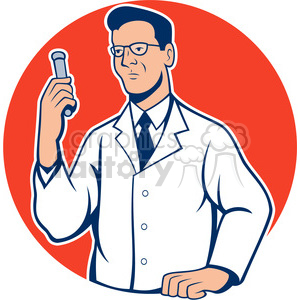 The image shows a man wearing a white coat and tie, along with glasses. He is holding a tube in one hand.