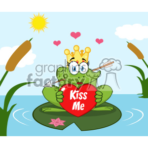 Cute Princess Frog Cartoon Mascot Character With Crown And Arrow Holding A Love Heart With Text Kiss Me Perched On A Pond Lily Pad In Lake