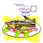 A plate of fish with an animated sauce boat