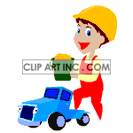 An animated little boy holding a bucket of sand riding on the back of his toy truck 