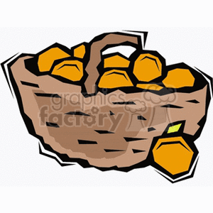 This clipart image shows a woven basket filled with oranges. There seems to be a single orange outside of the basket as well. The image gives a simplistic and stylized representation suitable for topics relating to agriculture, fruit harvesting, or healthy eating.