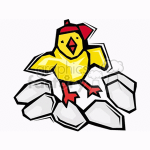 The clipart image displays a cartoon of a yellow baby chick with a red beak and feet, emerging from cracked eggshells, which are likely representing its recent hatching. The background is plain and provides contrast to highlight the chick and the eggshells.