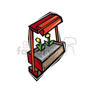 The clipart image features a stylized miniature greenhouse or cold frame. Inside the structure, there are a few flowers with yellow centers and green leaves that appear to be growing in a bed of soil. The greenhouse frame is depicted with red panels and appears to have a clear or transparent top panel to let light in, typical of a greenhouse.