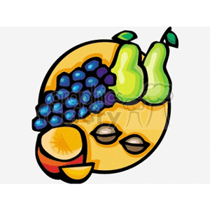 This clipart image features a colorful assortment of fruit. There is a bunch of dark purple grapes, a green pear with a brown stem, a sliced orange with one visible segment, and what appears to be a couple of coffee beans or perhaps nuts.