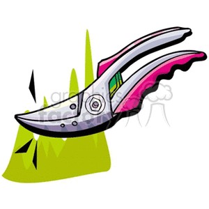 The image is a clipart of a pair of garden shears in the process of trimming grass. The shears are depicted with an open position mid-action, indicating the cutting of the grass blades.