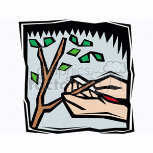 The clipart image depicts a hand using a knife to prune or cut a branch from a tree or shrub. Small green leaves are scattered on the branches and some are falling down, indicating the action of cutting or trimming the plant.