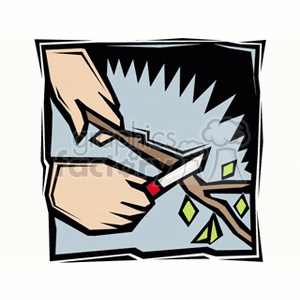 The clipart image depicts a hand using a pruning knife to cut a branch from a plant or shrub. There are leaves falling from the branch, suggesting the act of pruning or trimming the vegetation.