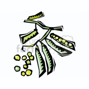 This clipart image depicts several pea pods in various stages of openness, with one fully open and the peas inside it visibly tumbling out. The image illustrates the peas both within the pods and separated from them, as one pod appears to be releasing its peas.
