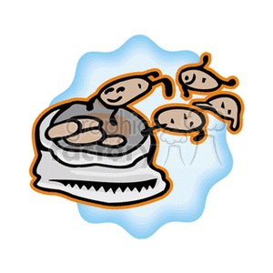 This clipart image features anthropomorphized potatoes with faces and limbs, playfully lounging on top of a burlap sack which is typically used for storing and transporting vegetables like potatoes. The background includes a whimsical blue outline that may suggest movement or give the image a lighthearted vibe.