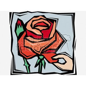 The image shows a stylized drawing of a hand holding a rose. The rose is depicted in shades of red and orange with green leaves and a green stem. The hand appears to be grasping the stem of the rose, possibly about to pick it or having just picked it.