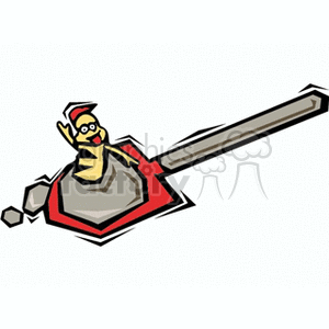 The image depicts a cartoon-style illustration of a red spade shovel with a grey handle. Riding on the shovel is a happy, cartoonish worm wearing a small hat. There are chunks of brown soil or dirt that appear to have been dug or moved by the shovel. 