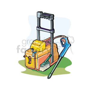 The clipart image depicts a pressure washer, which is a high-powered water spraying machine used for cleaning. It includes a yellow and red power unit with a handle, a blue high-pressure hose with a spray gun, and an attached cleaning brush. This type of equipment can be used for agriculture, industrial cleaning, or residential applications.