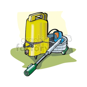 The clipart image shows a backpack-style power washer or pressure sprayer, commonly used in agriculture for spraying liquids such as water, pesticides, or herbicides. It features a yellow tank that is worn on the back, connected by a hose to a spray gun with a long nozzle. There seems to be a handle and pump mechanism on the top, likely used to pressurize the contents of the tank.