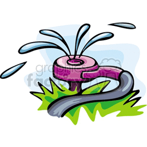 This clipart image depicts a garden lawn sprinkler with a rotating head, which is actively spraying water. It is attached to a gray hose and is situated on green grass. Water droplets are shown in motion, indicating the spraying action of the sprinkler.
